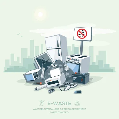 Old appliances in front of a "no littering" sign, discouraging e-waste