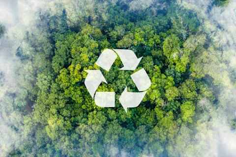 Image of green trees and reduce, re-use, recycle logo