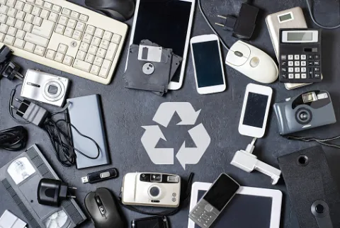 various types of electronic devices, such as TVs, monitors, computers and peripherals, cameras and related supplies, radios, video and DVD players, PDAs, sound systems, phones/cell phones, and CD/MP3 players