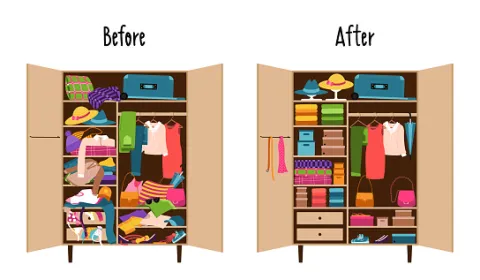 A before and after illustration of a closet full of clothes. One side is messy and the other is neat and tidy.