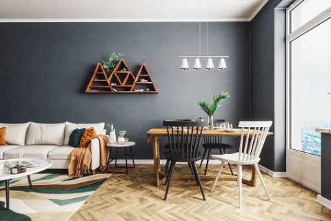 A minimally decorated and uncluttered dining room space