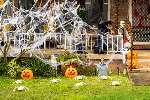 Pumpkins and animatronic Halloween decorations, and a massive fake cobweb