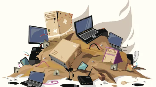 A cartoon picture of old modems, computers, laptops, and other e-waste in a landfill