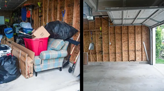 A cluttered garage vs a clean and empty garage